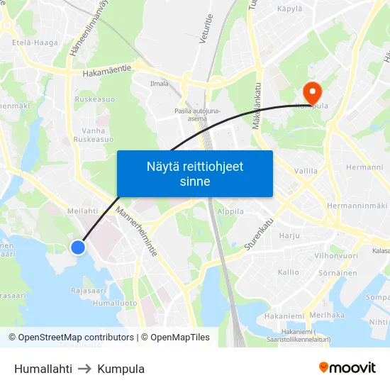 Humallahti to Kumpula map
