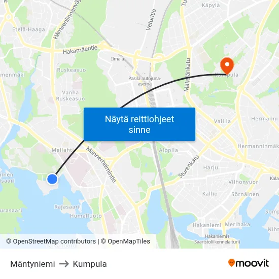 Mäntyniemi to Kumpula map