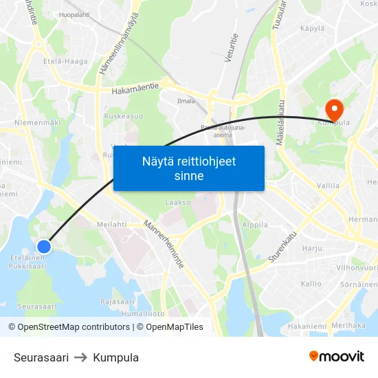 Seurasaari to Kumpula map