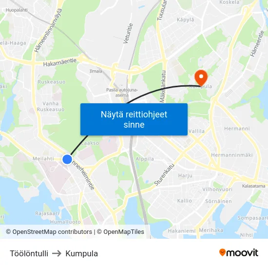 Töölöntulli to Kumpula map