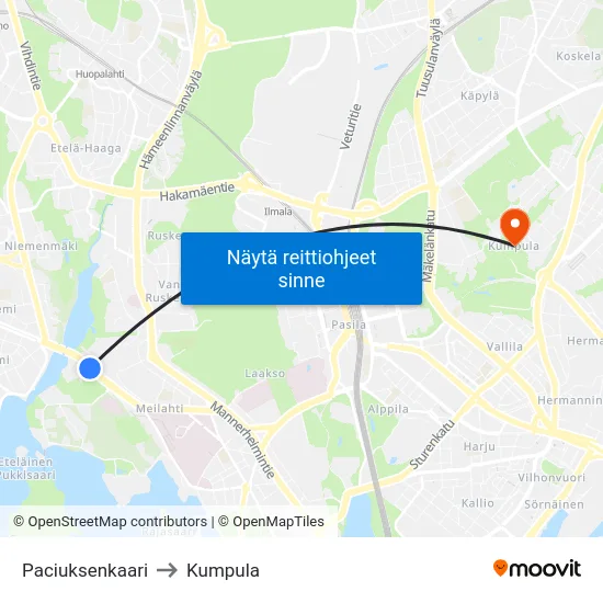 Paciuksenkaari to Kumpula map
