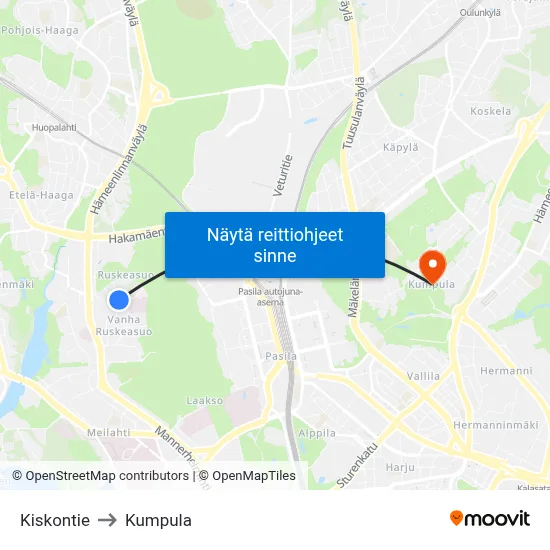 Kiskontie to Kumpula map