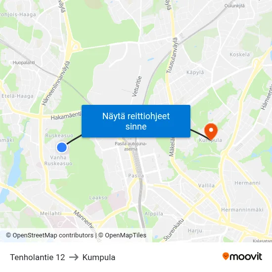 Tenholantie 12 to Kumpula map