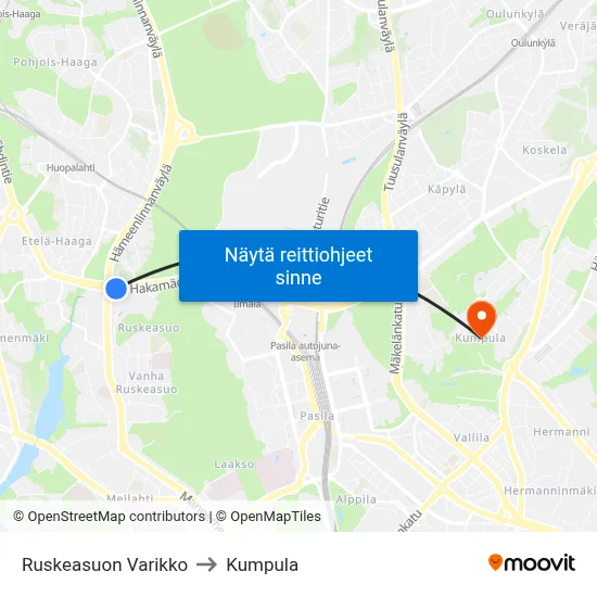 Ruskeasuon Varikko to Kumpula map
