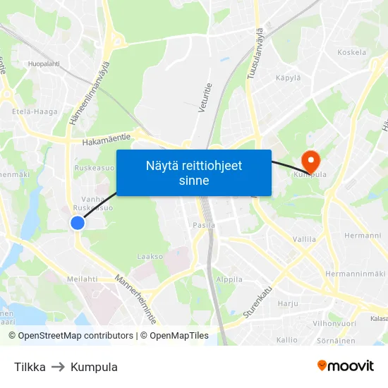 Tilkka to Kumpula map