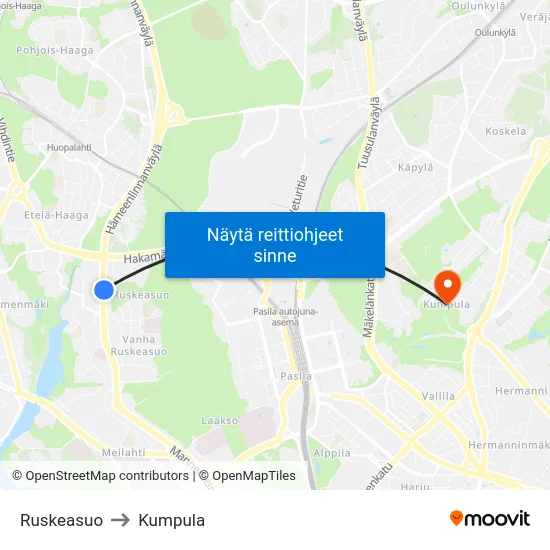 Ruskeasuo to Kumpula map