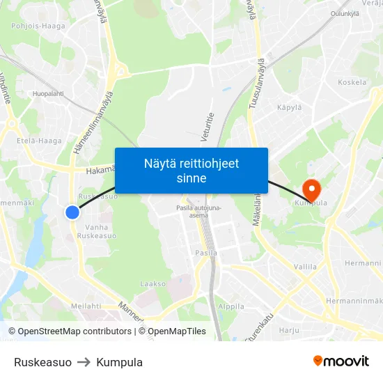 Ruskeasuo to Kumpula map