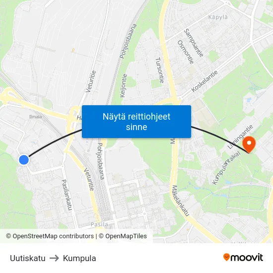 Uutiskatu to Kumpula map