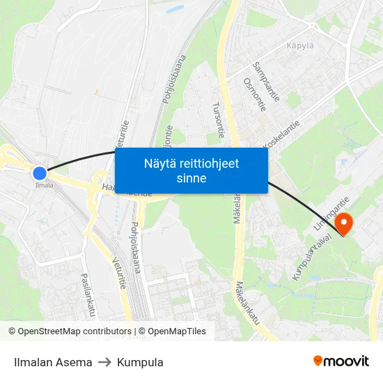 Ilmalan Asema to Kumpula map