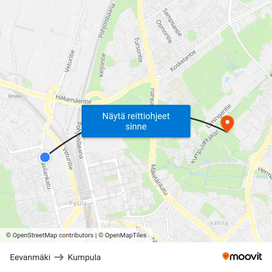 Eevanmäki to Kumpula map