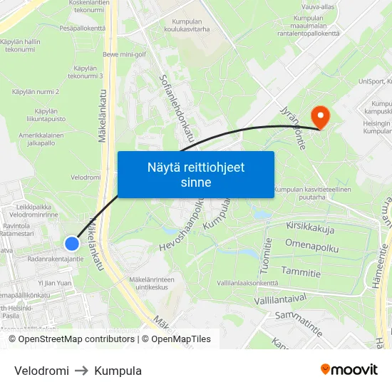 Velodromi to Kumpula map