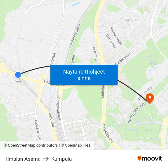 Ilmalan Asema to Kumpula map