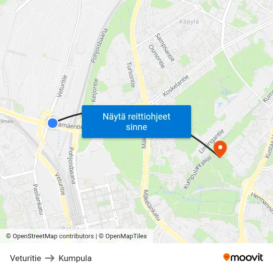 Veturitie to Kumpula map