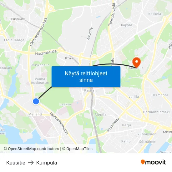Kuusitie to Kumpula map