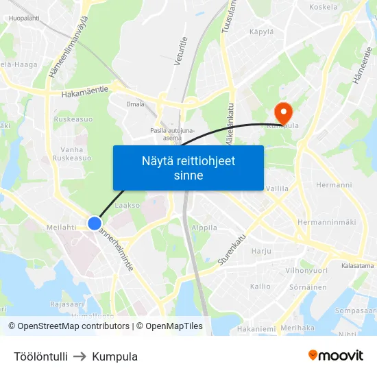 Töölöntulli to Kumpula map