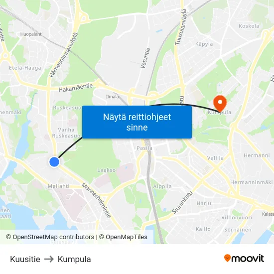 Kuusitie to Kumpula map
