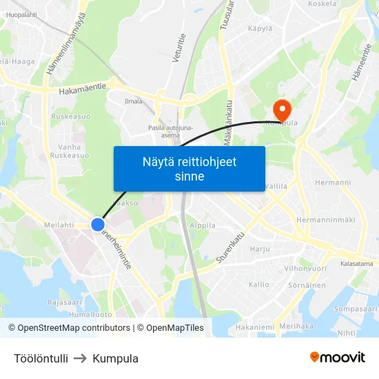 Töölöntulli to Kumpula map