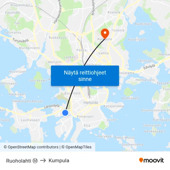 Ruoholahti Ⓜ️ to Kumpula map