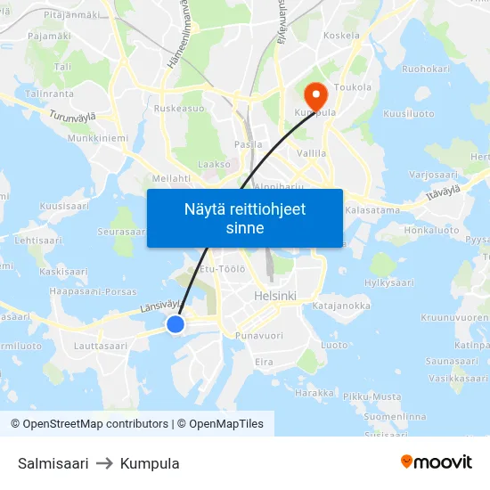 Salmisaari to Kumpula map