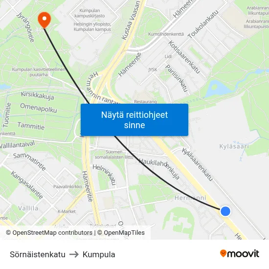 Sörnäistenkatu to Kumpula map