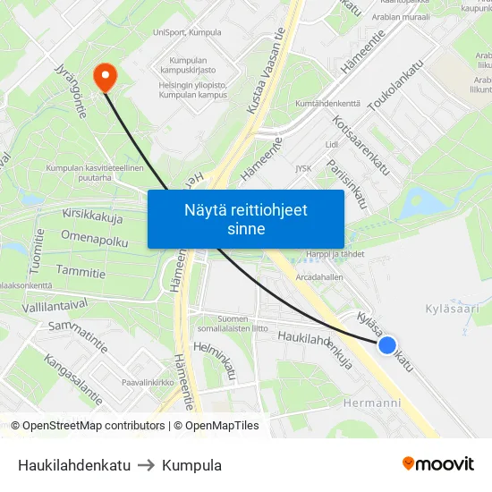 Haukilahdenkatu to Kumpula map