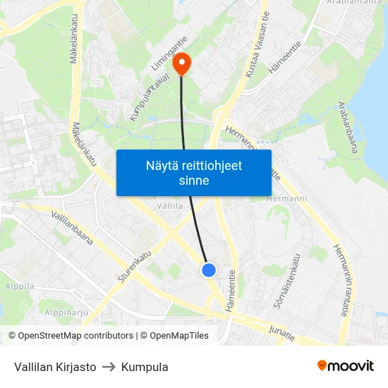Vallilan Kirjasto to Kumpula map
