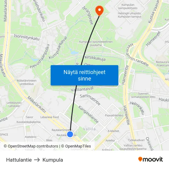 Hattulantie to Kumpula map