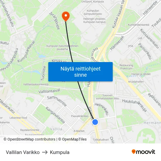 Vallilan Varikko to Kumpula map