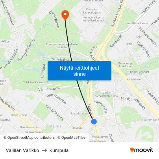 Vallilan Varikko to Kumpula map