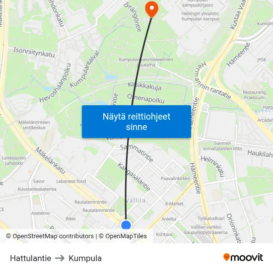 Hattulantie to Kumpula map