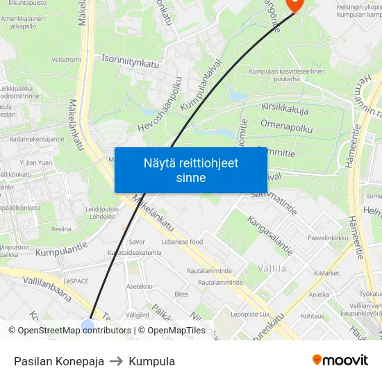 Pasilan Konepaja to Kumpula map