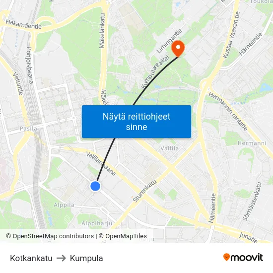 Kotkankatu to Kumpula map