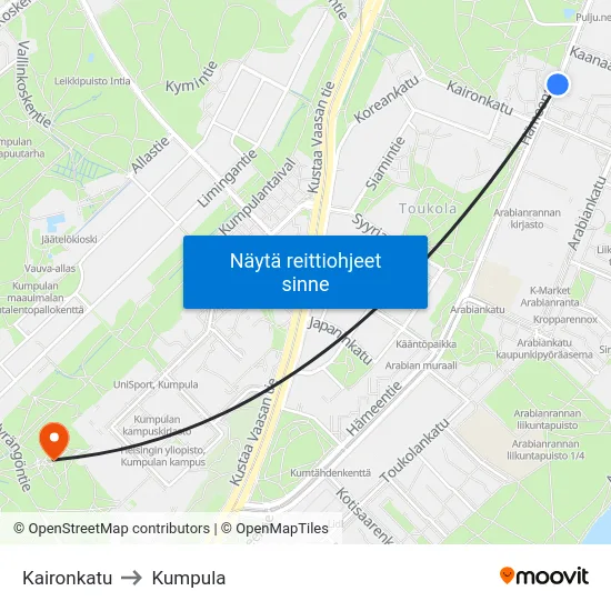 Kaironkatu to Kumpula map
