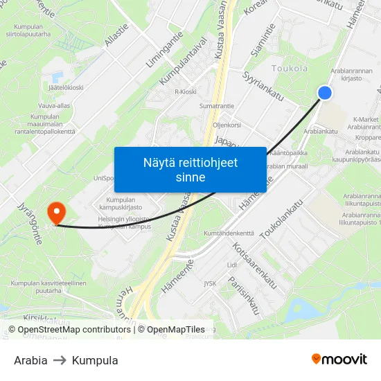 Arabia to Kumpula map