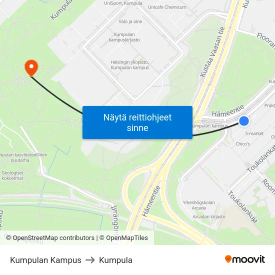 Kumpulan Kampus to Kumpula map