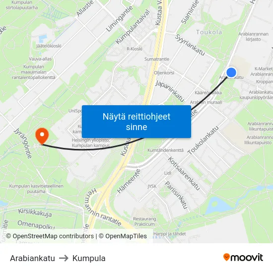 Arabiankatu to Kumpula map