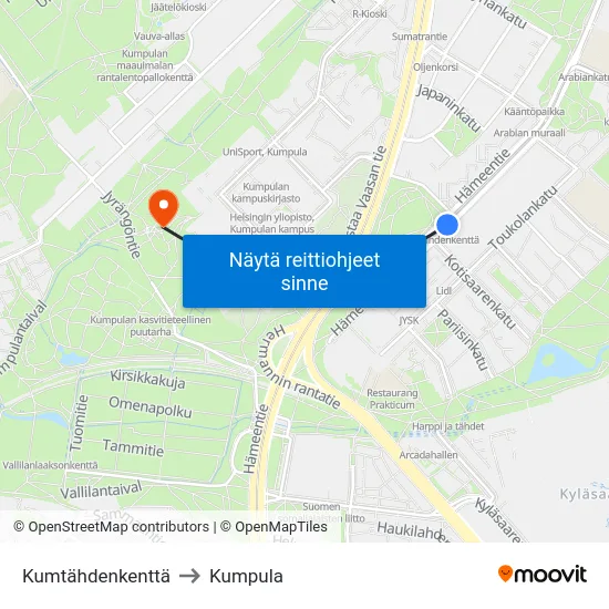 Kumtähdenkenttä to Kumpula map