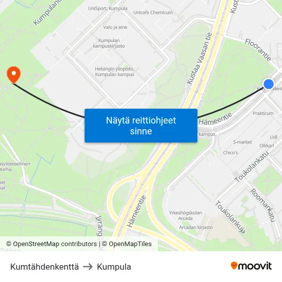 Kumtähdenkenttä to Kumpula map