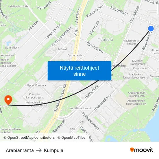 Arabianranta to Kumpula map