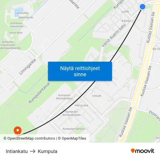 Intiankatu to Kumpula map
