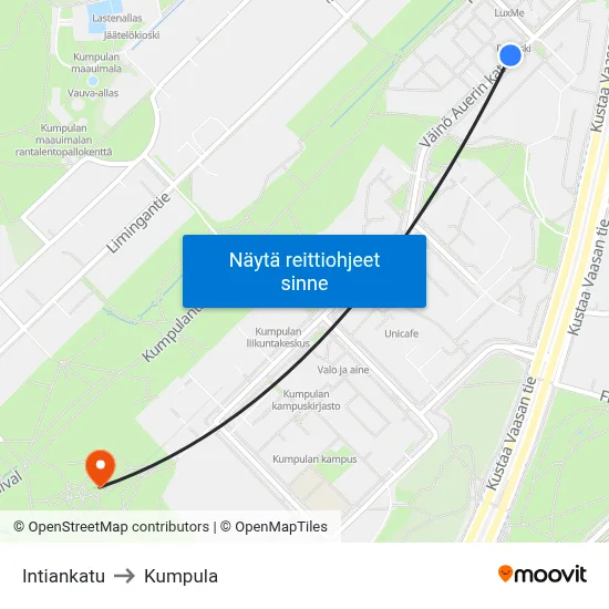 Intiankatu to Kumpula map