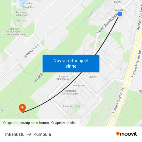 Intiankatu to Kumpula map