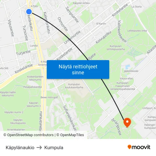 Käpylänaukio to Kumpula map