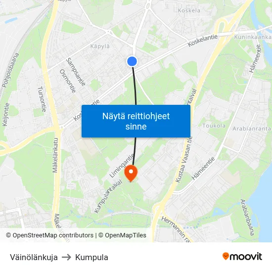 Väinölänkuja to Kumpula map