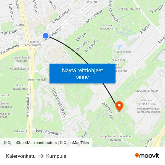 Kalervonkatu to Kumpula map