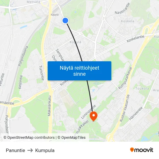 Panuntie to Kumpula map