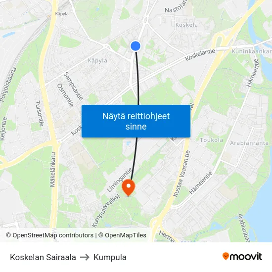 Koskelan Sairaala to Kumpula map