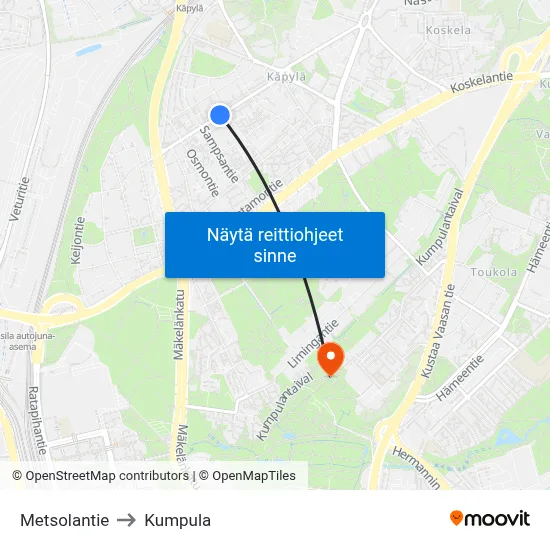 Metsolantie to Kumpula map
