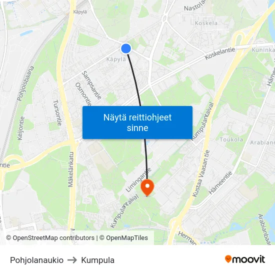 Pohjolanaukio to Kumpula map