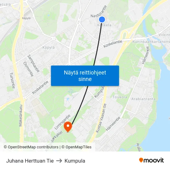 Juhana Herttuan Tie to Kumpula map
